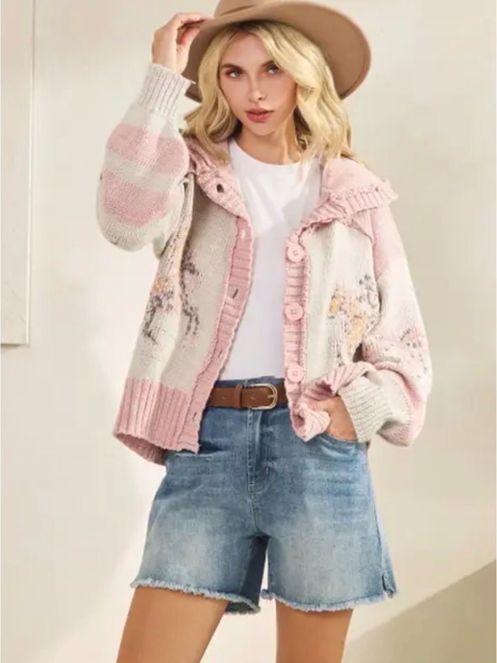 Veveret Western Horse Graphic Cardigan Pink/Creme Small